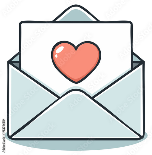 Light Blue Open Envelope with a Red Heart Symbol on White Paper Illustration
