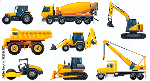 set of construction machines and trucks