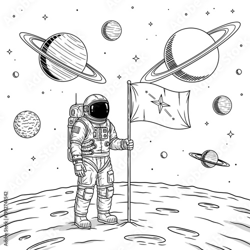 Astronaut planting flag on alien planet with planets and stars in background, space exploration