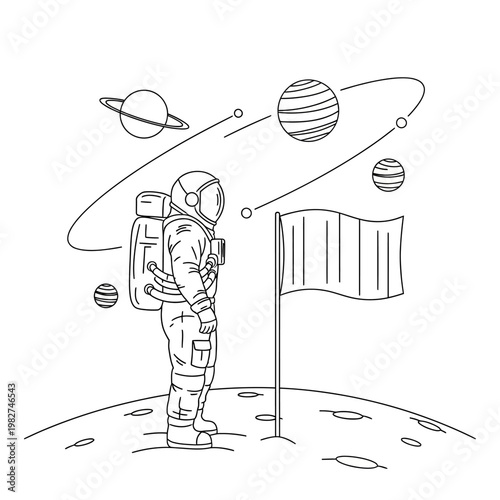 Astronaut planting flag on alien planet with planets in background, space exploration