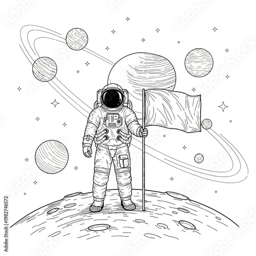 Astronaut planting flag on alien planet, space exploration, cosmic discovery, stars and planets background