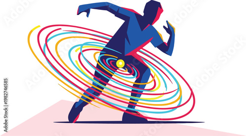 Vibrant geometric figure of a person moving dynamically with colorful swirling energy lines emanating from their core, symbolizing power and motion.
