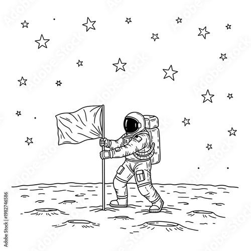 Astronaut planting flag on moon surface with stars in background, space exploration concept