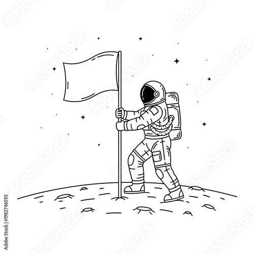 Astronaut planting flag on moon surface, space exploration, discovery, achievement, stars background