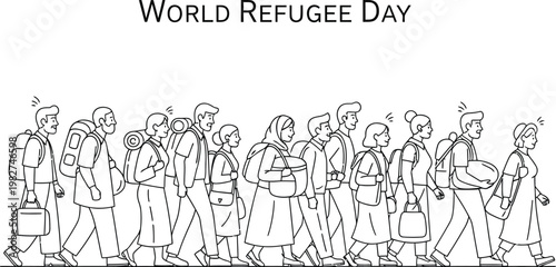 Group of people carrying backpacks and bags while walking forward to represent the annual observance of world refugee day event
