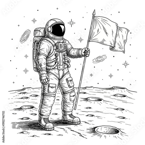 Astronaut planting flag on moon surface, space exploration, stars and galaxies background