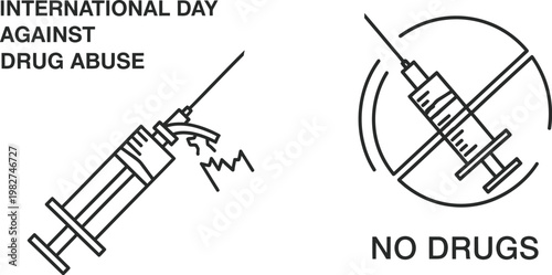 International day against drug abuse and illicit trafficking symbol with broken syringe and no drugs icon representing prevention.