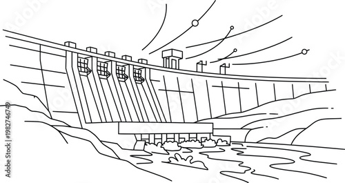 Simple black and white line drawing of a large hydroelectric dam structure built across a river to generate clean electricity