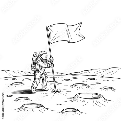 Astronaut plants flag on moon surface, exploring lunar craters, space exploration achievement