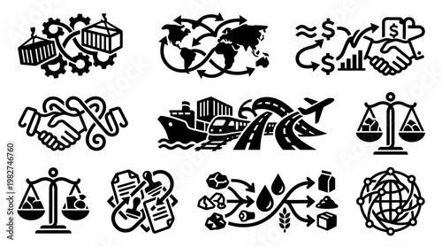 Set of Business and Financial Icons for Corporate and Economic Concepts