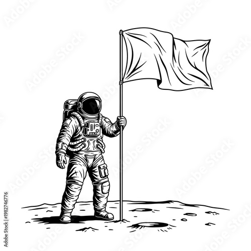 Astronaut plants flag on moon surface, space exploration, achievement, discovery, science