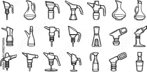 Black and White Line Art Icons of Oil Pourers and Pitchers for Kitchen and Automotive Industry
