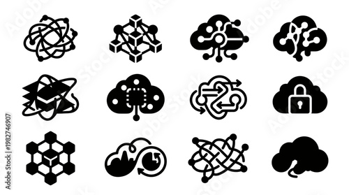 Set of Modern Technology Icons for Digital Connectivity and Data Security