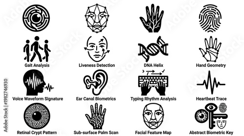 Abstract Facial Biometrics Digital Security Icon Set for Identity Authentication