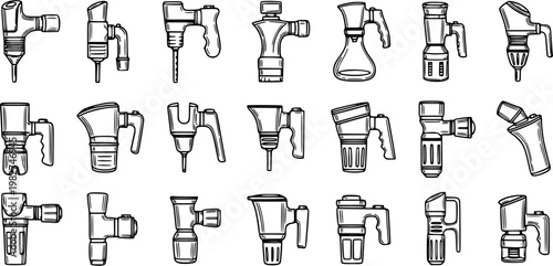 Black and White Line Art Icons of Various Power Tools and Handheld Devices