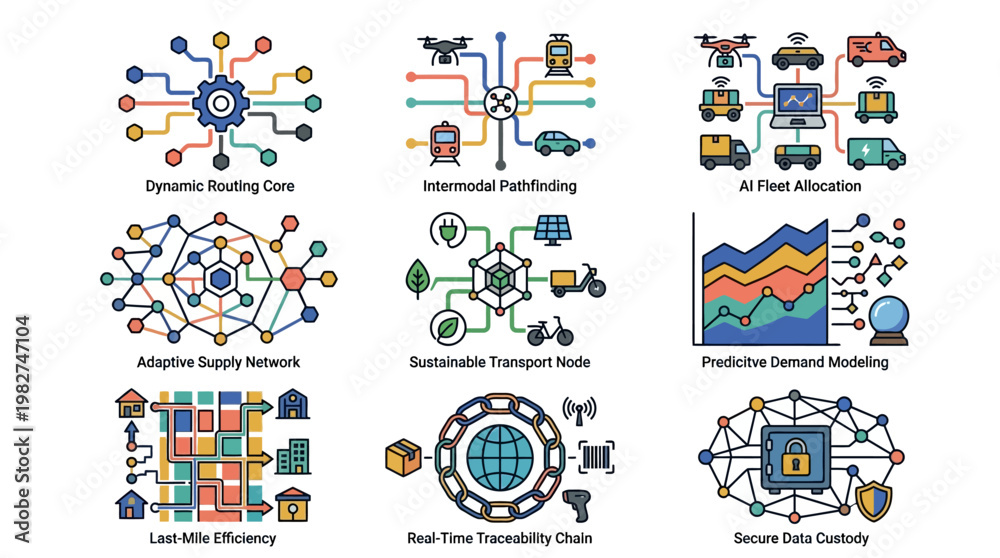 Fototapeta premium Vector Icon Set of Dynamic Routing, Integrated Patterning, and Data Analysis for Technology Concept