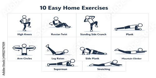 10 Easy Home Exercises - Bodyweight Full Body Workout Vector Illustration