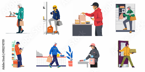 Collection of flat vector illustrations depicting various food and parcel delivery courier services at different stages of the delivery process.