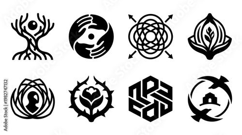 Set of Abstract Icons Featuring Nature, Spirituality, and Wellness Symbols in Black Silhouettes