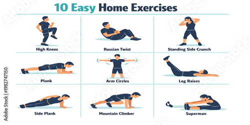 10 Easy Home Exercises - Full Body No Equipment Workout Infographic