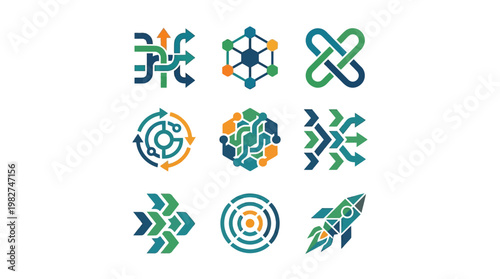 Vector Icon Set Featuring Modern Technology and Circular Innovation Symbols for Digital Design