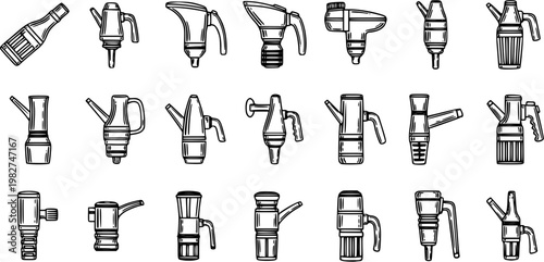 Black and White Line Art Set of Various Liquid Dispensing Nozzles, Oil, Fuel, Water
