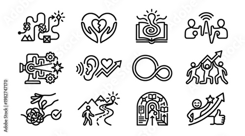 Icon Set of Emotional Connections and Communication Symbols in Modern Line Style