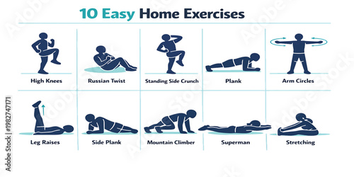 10 Easy Home Exercises Chart - Bodyweight Fitness Routine Illustration