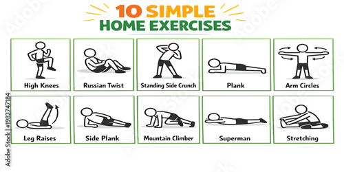 10 Simple Home Exercises - Bodyweight Full Body Workout Vector Illustration