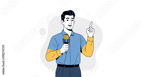 Man with Microphone, Presenter, Speaker, Announcer, Interviewer, Talking, Pointing Finger