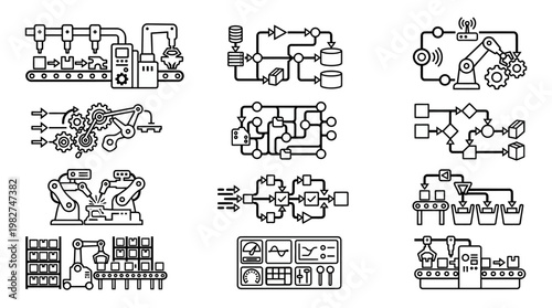 Set of Industrial Icons Illustrating Manufacturing and Automation Processes