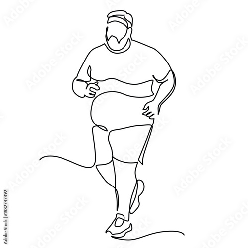 Obese man running one line drawing. Overweight man running single line illustration. Fat man running minimalist line art