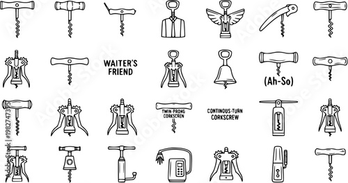 Black and White Line Art Illustration of Various Corkscrew Types for Wine Opening