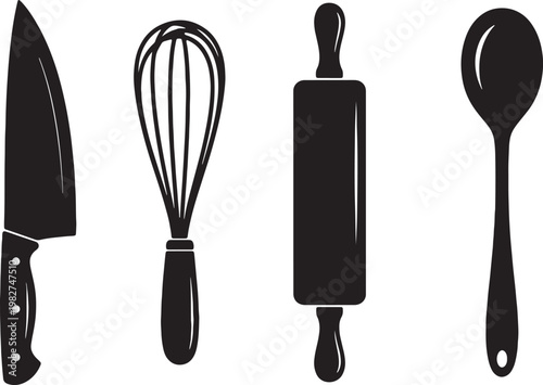 Set of kitchen utensils chef knife, whisk, rolling pin and spoon