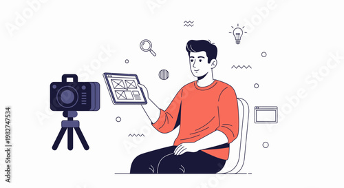 Man with Tablet and Camera, Web Design Concept, Idea Generation