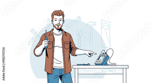 Man with Screwdriver and Device, Workshop Background, DIY Concept