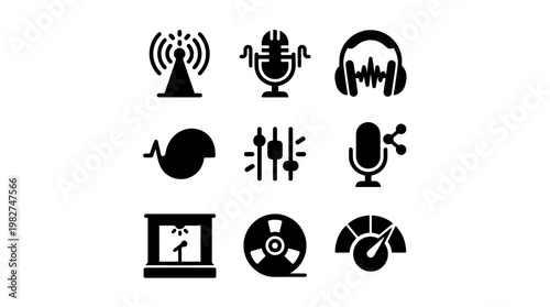 Vector Icon Set of Audio and Music Equipment Including Headphones Microphone Turntable and Speakers