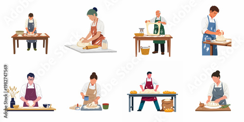 Set of flat illustrations featuring male and female bakers of all ages kneading dough and baking bread in professional kitchen environments.