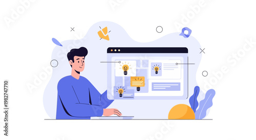 Man Working on Computer, Brainstorming Ideas with Lightbulb Icons on Screen