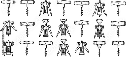 Black and White Line Art of Various Corkscrews on White Background, Kitchenware and Bar Accessory