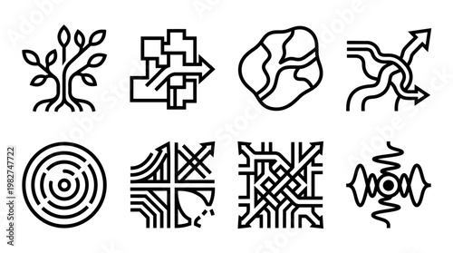 Vector Icon Set Featuring Abstract Tree Crosses and Spiral Patterns for Modern Design