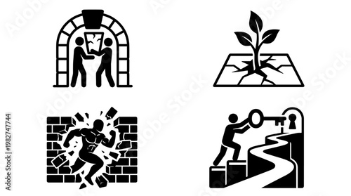 Set of Four Icon Symbols Depicting Historical, Environmental, and Social Concepts in Flat Design Style