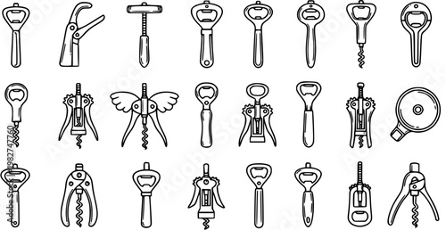 Black and White Line Art Bottle Opener and Corkscrew Icons Collection. Food and Drink, Kitchen and Barware Outline Vector Set for Beverages.