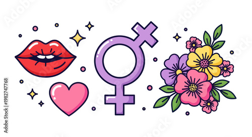 Feminine symbols: Lips, heart, Venus icon, and flowers, celebrating womanhood and empowerment