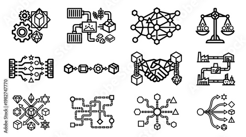 Vector Icon Set of Business and Technology Network Connections and Data Security