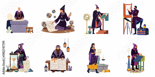 Collection of cartoon characters depicted as ancient astronomers and wizards exploring the cosmos with maps, globes, telescopes, and mystical tools.
