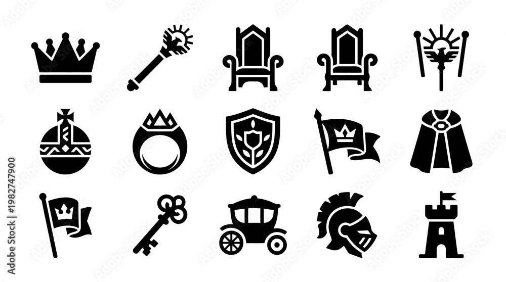 Obraz premium Vector Illustration of Medieval Crown, Scepter, Thrones, and Castle Symbols in Classic Style
