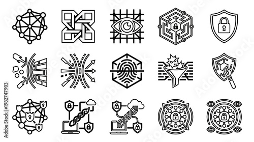 Vector Icon Set of Security and Data Privacy Symbols in Modern Line Style