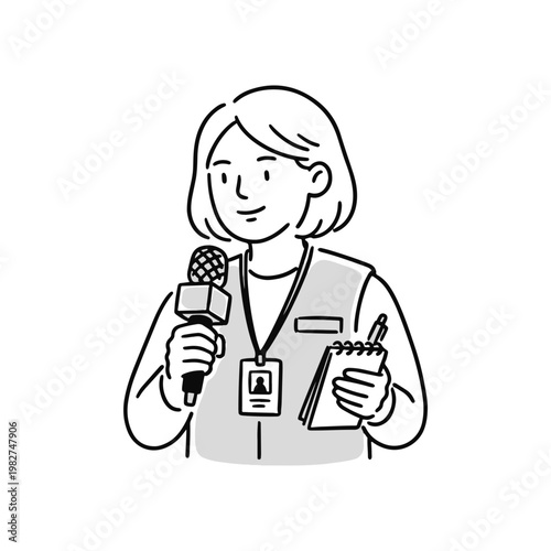 Professional black and white line art vector of a female news reporter holding a microphone and notepad. Ideal for media, press interviews, and broadcast journalism themes.