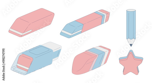 School Supplies: Erasers, Pencil, Star Shape - Pink and Blue